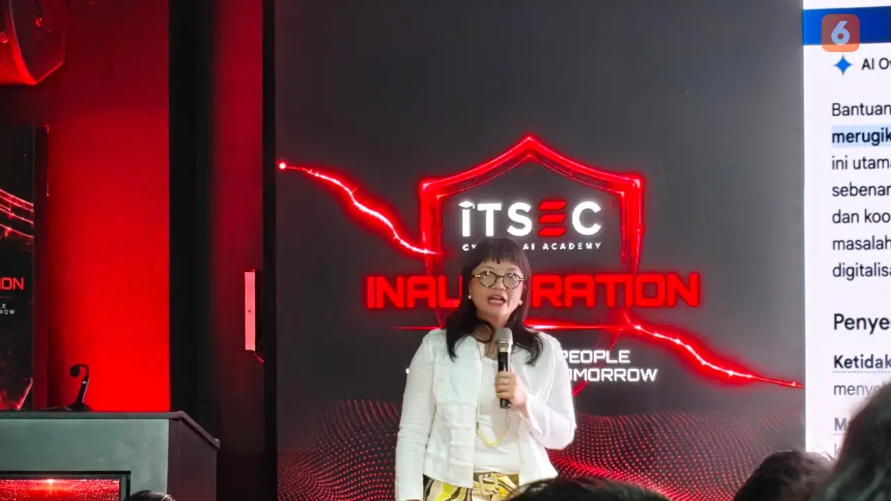 Wakil Menteri Pendidikan Tinggi, Sains, dan Teknologi (Wamendiktisaintek), Stella Christie, di peluncuran ITSEC Cyber & AI Academy di Jakarta. Liputan6.com/Iskandar