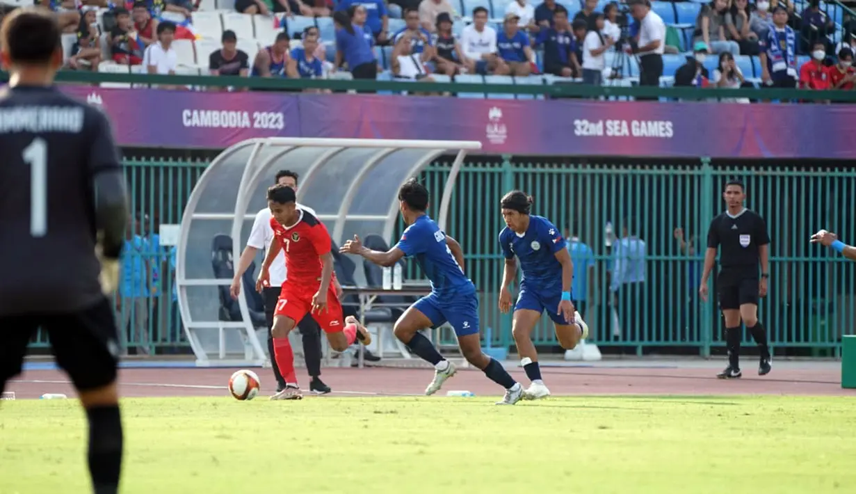 Indonesia tak berkembang pada babak pertama. Gol Marselino baru tercipta pada akhir paruh pertama, meneruskan umpan Rio Fahmi. (Dok. PSSI)