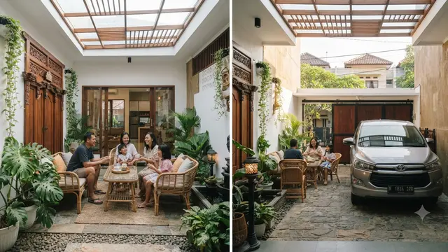 Area Lounge Multifungsi yang Bisa Berubah Menjadi Tempat Parkir Model Halaman Dalam Rumah Sekaligus Tempat Parkir