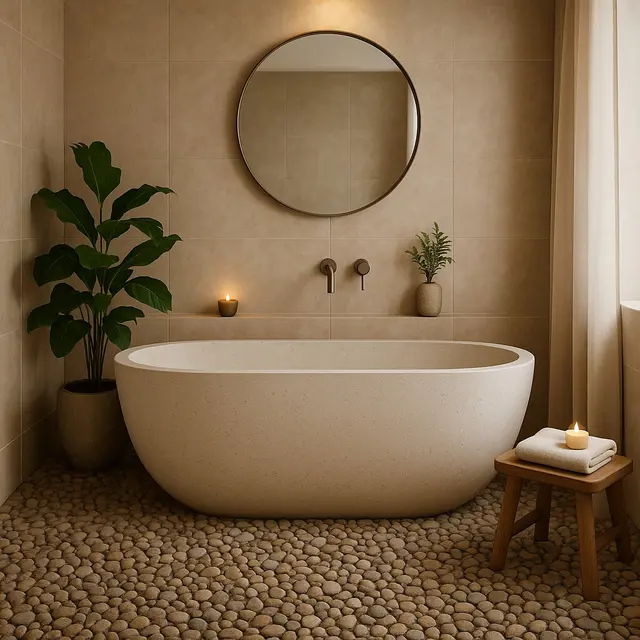 Model Kamar Mandi dengan Lantai Batu Kerikil (Image by ChatGPT)