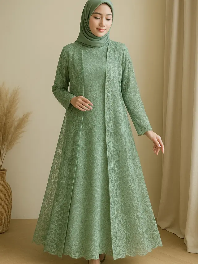 Gamis Brokat Islami Warna Sage dengan Outer Modern