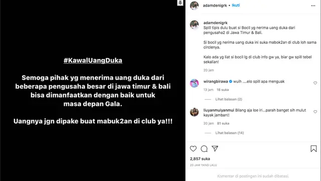 Unggahan Adam Deni soal Uang Duka untuk Keluarga Vanessa Angel dan Bibi Andriansyah. (instagram.com/adamdenigrk)