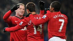 Gelandang Manchester United, Antonio Valencia (kanan) dan Javier Hernandez merayakan gol yang dicetak Wayne Rooney ke gawang West Ham pada laga ulangan putaran ketiga Piala FA 2012/2013 di Old Trafford Stadium, Manchester (16/1/2013). Sejak didatangkan MU dari Wigan pada 2009/2010 hingga 2011/2012, Antonio Valencia memakai nomor punggung 25. Pada 2012/2013 ia diserahi nomor punggung 7 yang ditinggalkan Michael Owen. Pada musim 2013/2014 nomor 7 menjadi tak bertuan setelah ia kembali memakai nomor lamanya, 25. (AFP/Paul Ellis)