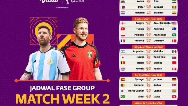 Saksikan Live Streaming Piala Dunia 2022 Matchweek 2 di Vidio, 25-28 November 2022