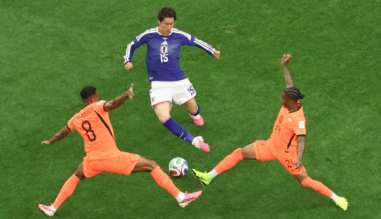 Namun, hanya berselang tujuh menit, Jepang mampu mencetak gol balasan yang membuat kedudukan menjadi imbang 1-1. Keito Nakamura menjadi pencetak gol bagi Jepang setelah menerima umpan dari Takefusa Kubo. (AP Photo/Sam Hodde)