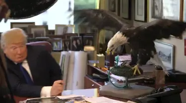 Ekspresi shock kandidat calon presiden AS, Donald Trump saat seekor elang botak berusaha mematuknya dalam sesi pengambilan foto di kantor Majalah TIME untuk nominasi dia sebagai Person of the Year, Kamis (10/12). (REUTERS/TIME Magazine)