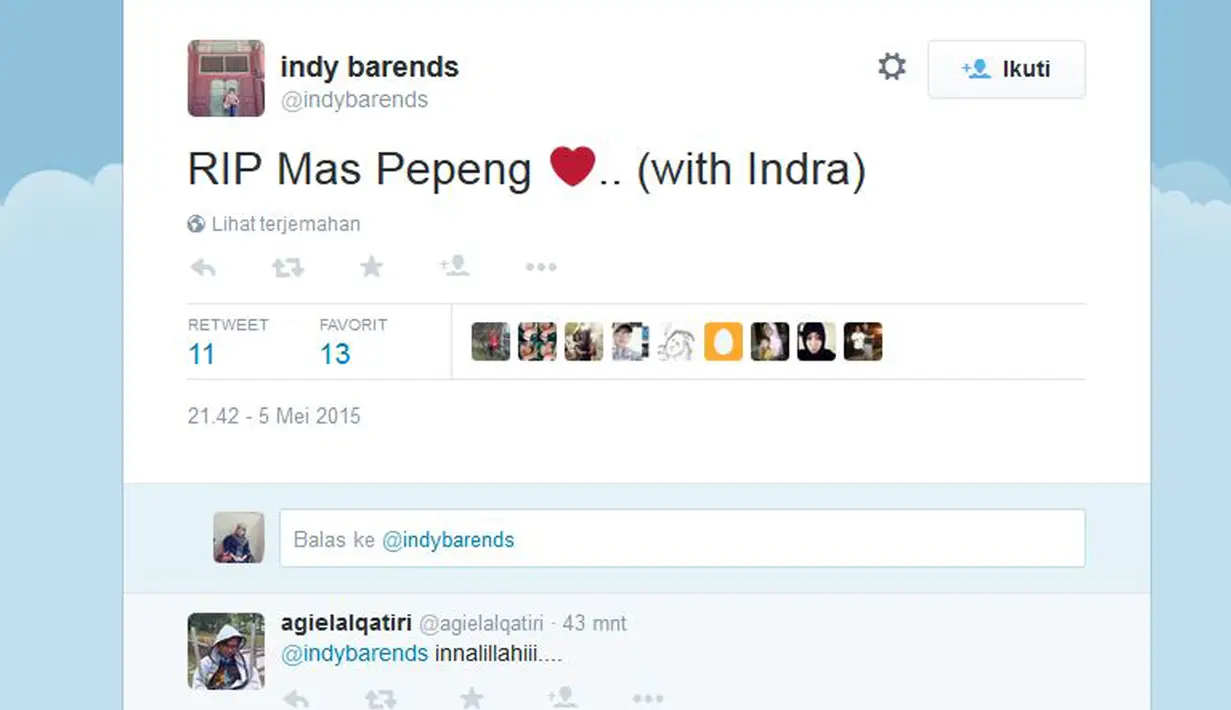 Presenter Indy Barends, menulis, “RIP Mas Pepeng ❤” lewat akun Twitter-nya, @indybarends. (twitter.com/indybarends)