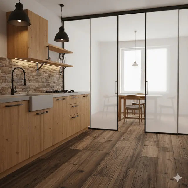 Desain Dapur Rumah Type 36 Ukuran 2x2 Meter dengan Partisi Kaca Geser ke Ruang Makan by Gemini