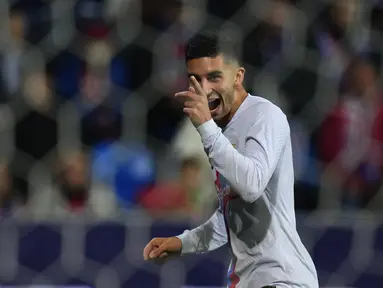 Penyerang Barcelona, Ferran Torres berselebrasi usai mencetak gol ke gawang Viktoria Plzen pada pertandingan lanjutan Grup C Liga Champions di Doosan Arena di Plzen, Republik Ceko, Rabu (2/11/2022). Ferran Torres mencetak dua gol dan mengantar Barcelona menang atas Viktoria Plzen 4-2. (AP Photo/Petr David Josek)