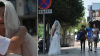 (Foto: Shanghaiist) Seorang pria 45 tahun asal Tiongkok, rela kenakan gaun pengantin dan riasan untuk mengumpulkan dana pengobatan putrinya.