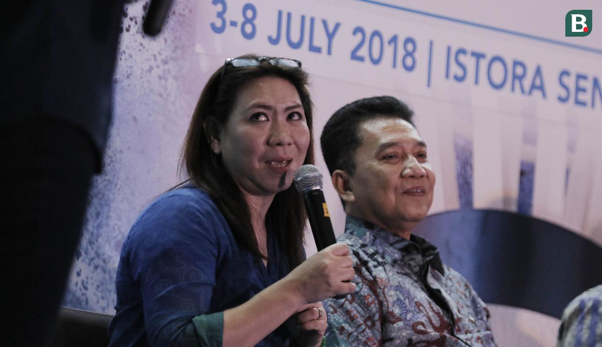 Kepala Bidang Pembinaan dan Prestasi PBSI, Susy Susanti, saat konferensi pers jelang Indonesia Open 2018 di Hotel Fairmont, Jakarta, Senin (14/5/2018). Blibli Indonesia Open 2018 ini memperebutkan hadiah total senilai USD 1.250.000. (Bola.com/M Iqbal Ichs