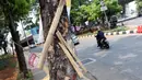 Potongan bambu sisa alat pengibaran bendera terpaku di batang pohon di kawasan Jalan Gatot Subroto, Jakarta, Kamis (21/11/2019). Setiap 21 November diperingati sebagai Hari Pohon Sedunia, hal ini untuk mengingatkan masyarakat akan manfaat tanaman bagi kehidupan. (Liputan6.com/Helmi Fithriansyah)
