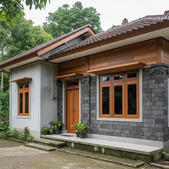 Contoh Rumah Desa Kombinasi Batu Alam dan Semen Ekspos (Image by Gemini AI)