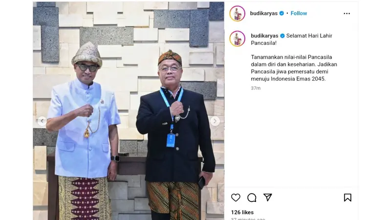 Pesan Menteri Perhubungan (Menhub) Budi Karya Sumadi saat memperingati Hari Lahir Pansasila yang dituliskannya dalam akun Instagram @budikaryas, Sabtu (1/6/2024). (Arief/Liputan6.com)