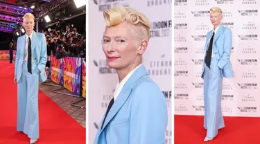 Foto kolase Tilda Swinton berpose untuk para fotografer setibanya di pemutaran perdana film 'The Eternal Daughter' dalam Festival Film London BFI 2022 di London, Kamis, 6 Oktober 2022. (Photo by Vianney Le Caer/Invision/AP)