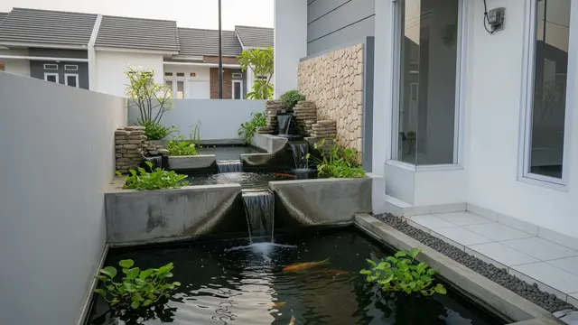 Desain Kolam Ikan Koi Minimalis Model Kolam Bertingkat dengan Air Terjun Mini