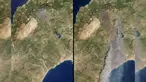 Kombinasi citra satelit yang disediakan oleh Planet Labs PBC dan diambil pada Kamis, 20 Juli 2023 di sebelah kiri dan Minggu, 23 Juli 2023 menunjukkan luasnya kebakaran hutan di sebagian pulau Rhodes, Yunani. (Planet Labs PBC via AP)