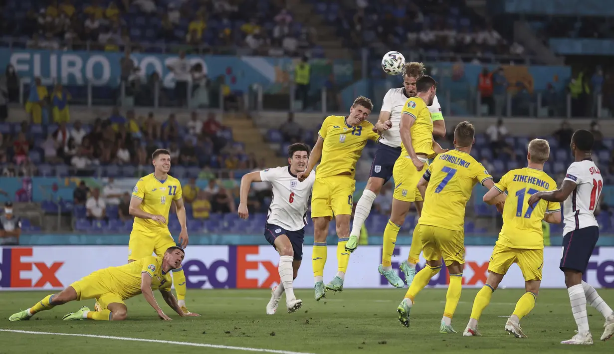 Keempat gol Timnas Inggris dicatat oleh Harry Kane yang mencetak dua gol, Harry Maguire, dan pemain pengganti, Jordan Henderson. (Foto: AP/Pool/Lars Baron)