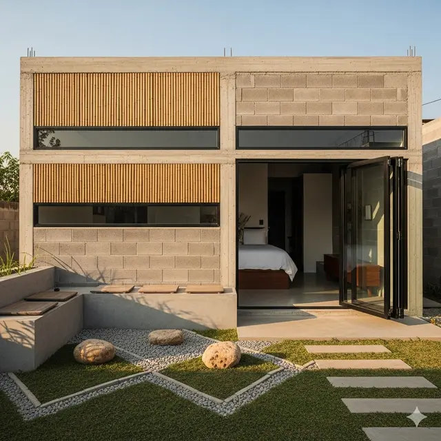 Model Rumah Kecil Tapi Cantik 4x6 Meter dari Batako dan Bambu dengan Teras dan Taman Mini (Image by Gemini)