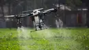 Drone menyemprotkan pestisida di lahan pertanian di Desa Hongqiao, Kota Chongzhou, Provinsi Sichuan, China, 25 Februari 2020. Berbagai peralatan pintar telah mulai digunakan di lahan pertanian di tengah upaya pencegahan dan pengendalian wabah virus corona COVID-19 di Sichuan. (Xinhua/Li Mengxin)