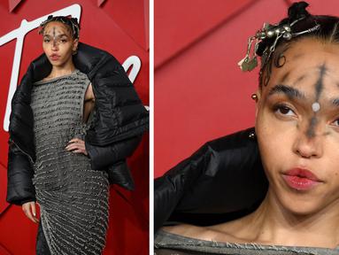 Foto kolase Tahliah Debrett Barnett atau yang lebih dikenal FKA Twigs saat menghadiri  British Fashion Awards di London pada 5 Desember 2022. (AFP/DANIEL LEAL)