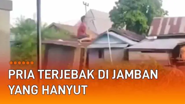 Momen unik terekam kamera warga saat sebuah banjir melanda pemukiman. Seorang pria terekam duduk di sebuah bangunan kotak yang terbawa banjir. Usut punya usut, pria itu terjebak usai buang air besar (BAB) di jamban.