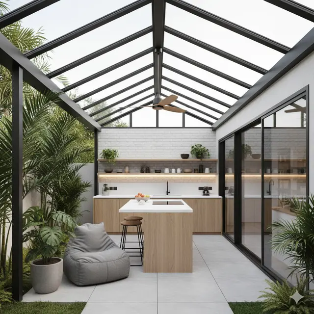 Desain Dapur Sekaligus Ruang Santai Outdoor di Rumah Tropis Sempit. Gemini