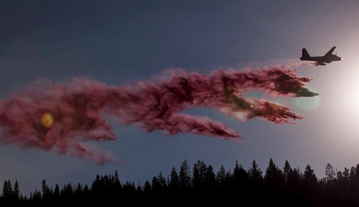Sebuah pesawat pemadam kebakaran menyemprotkan sebuah cairan ke lokasi kebakaran hutan Nasional Sierra di California, AS, Jumat (21/8/2015). Kebakaran ini menciptakan kepulan asap hingga ketinggian ratusan meter ke angkasa. (REUTERS/Max Whittaker)