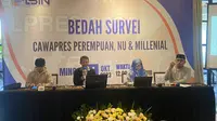 Lembaga Survei Independen Nusantara (LSI-Nusantara) merilis hasil survei sosok bakal cawapres perempuan. Hasilnya Yenny Wahid menempati urutan pertama. (Liputan6.com/ Muhammad Radityo)
