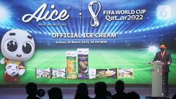 CEO Aice Group Holding Jack Wang memberi sambutan pada peluncuran kerjasama Aice sebagai Official Pre-Packaged Ice Cream FIFA World Cup Qatar 2022 di Jakarta, Selasa (15/3/2022). Aice Group resmi menjalin kerja sama dengan FIFA untuk menjadi es krim resmi FIFA World Cup. (Liputan6.com/HO/Agus)