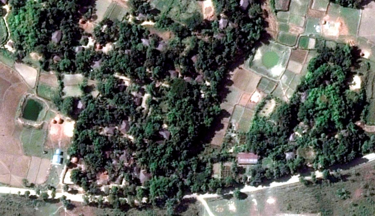 Desa Wa Peik yang dihuni oleh minoritas muslim Rohingya pada 2014 sebelum dibakar. Seluruh bangunan di desa ini hangus setelah helikopter militer Myanmar membombardir beberapa waktu lalu. (Copyright 2016 Human Rights Watch/REUTERS)