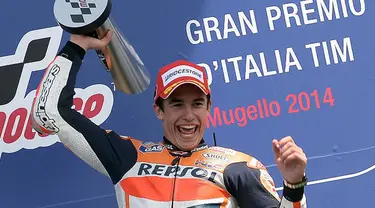 Pembalap Honda MotoGP, Marc Marquez kembali meraih hasil sempurna di Sirkuit Mugello, Italia, (1/6/2014). (AFP PHOTO/Filippo Monteforte)