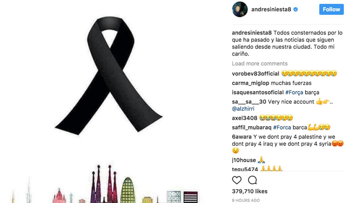 Akun Instagram milik pemain Barcelona, Andres Iniesta dengan gambar pita hitam sebagai bentuk simpatik terhadap korban teror Barcelona. (Bola.com/Instagram/Iniesta)
