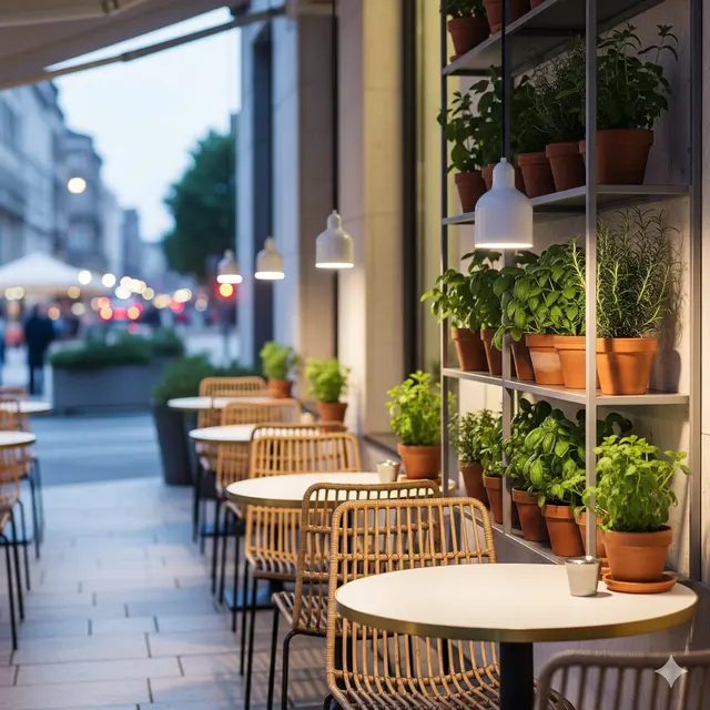 Teras Ala Kafe Outdoor dengan Tanaman Herbal