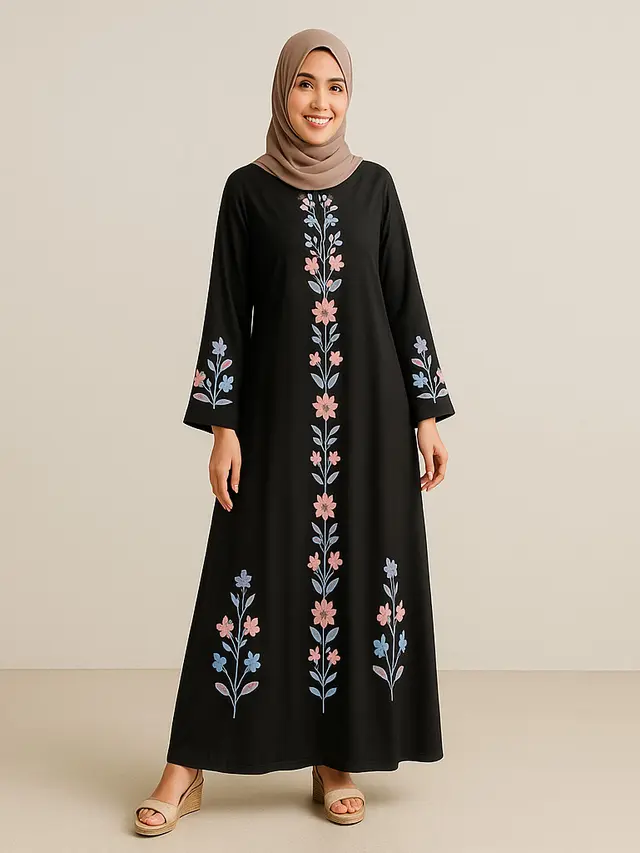 Model Gamis Hitam Kombinasi Bordir/Ilustrasi AI