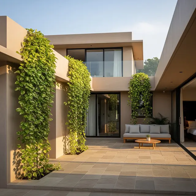 Teras Earth Tone dengan Kombinasi Tanaman Rambat (AI Generated)
