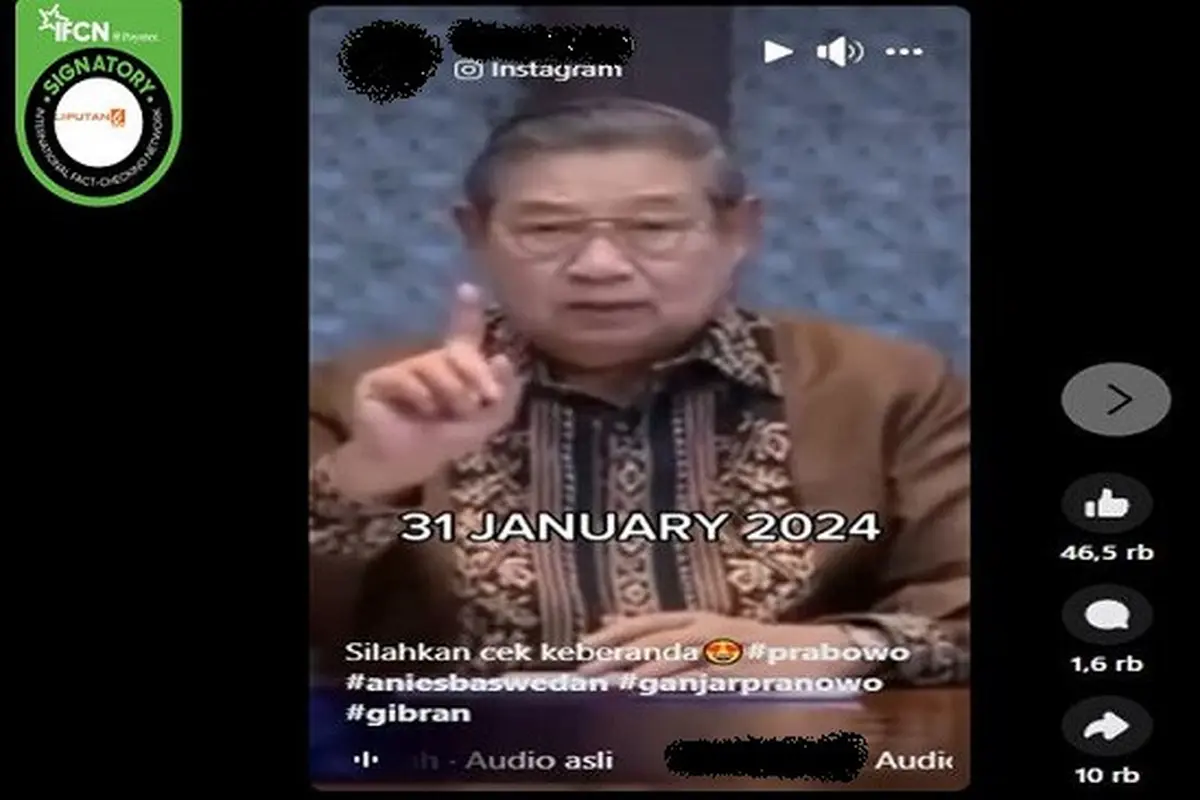 Beredar video yang diklaim Presiden RI ke-6, SBY menyatakan dukungan untuk pasangan nomor urut 1 di Pilpres 2024. (sumber: Facebook)