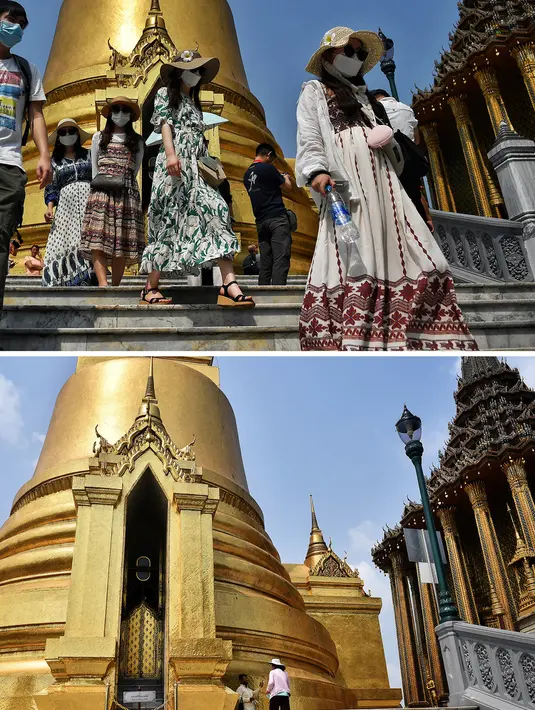 Wisatawan mengenakan masker di tengah kekhawatiran terhadap virus corona COVID-19 ketika mereka mengunjungi Grand Palace di Bangkok pada 29 Januari 2020 (atas) dan pada 2 Maret 2020. (Lillian SUWANRUMPHA/AFP)