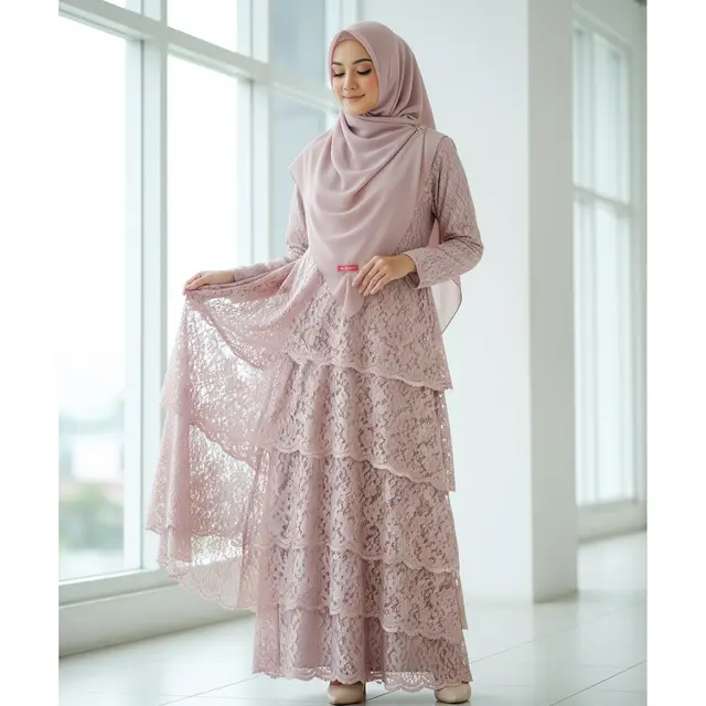 9 Model Gamis Brokat Modern dengan Hijab Pashmina, Tampil Anggun dan Kekinian