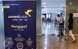 Sebuah banner terpasang di depan pintu masuk kantor pusat Ditjen Pajak, Jakarta, Minggu (25/9). Mendekati hari akhir periode pertama, Kantor Pajak membuka pendaftaran pada akhir pekan khusus melayani calon peserta tax amnesty. (Liputan6.com/Fery Pradolo)