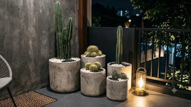 Ide Teras Monokrom dengan Kaktus Mini dan Pot Semen (AI Generated)