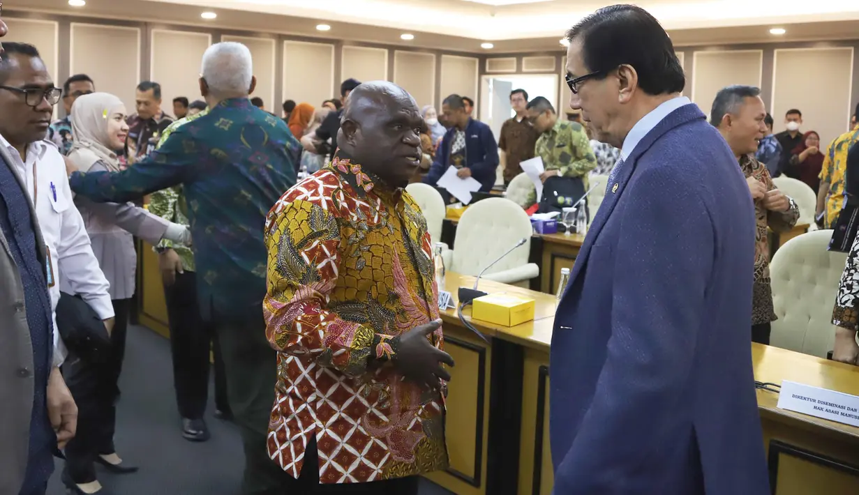 Menteri Hak Asasi Manusia (HAM) Natalius Pigai (tengah) berbincang dengan Politikus PDIP Yasonna Laoly sesaat sebelum mengikuti rapat kerja dengan Komisi XIII DPR di Kompleks Parlemen, Senayan, Jakarta, Kamis (31/10/2024). (merdeka.com/Arie Basuki)