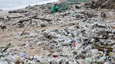 Seorang pria mengumpulkan plastik dan sampah lainnya yang terdampar di pantai Kedonganan, Kabupaten Badung, Bali, pada Jumat 27 Desember 2024. (SONNY TUMBELAKA/AFP)