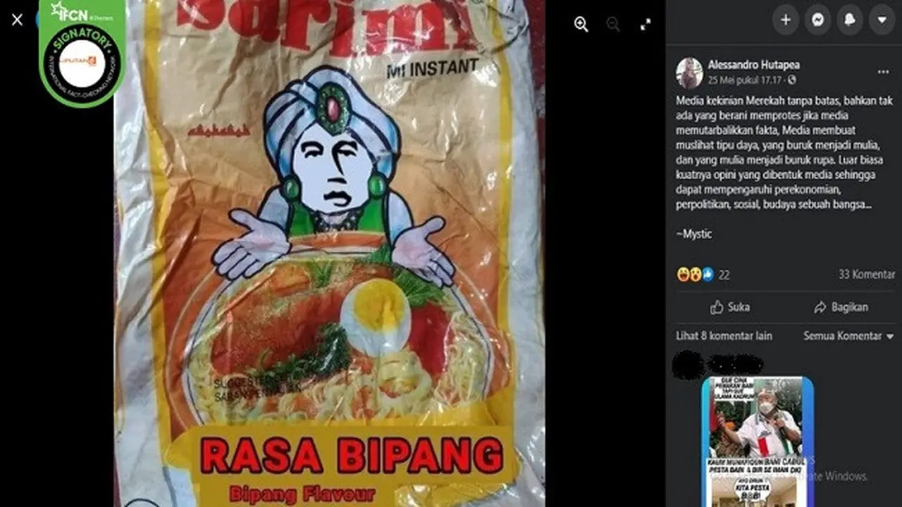 Gambar Tangkapan Layar Foto yang Diklaim Mi Instan Sarimi Rasa Bipang (sumber: Facebook)
