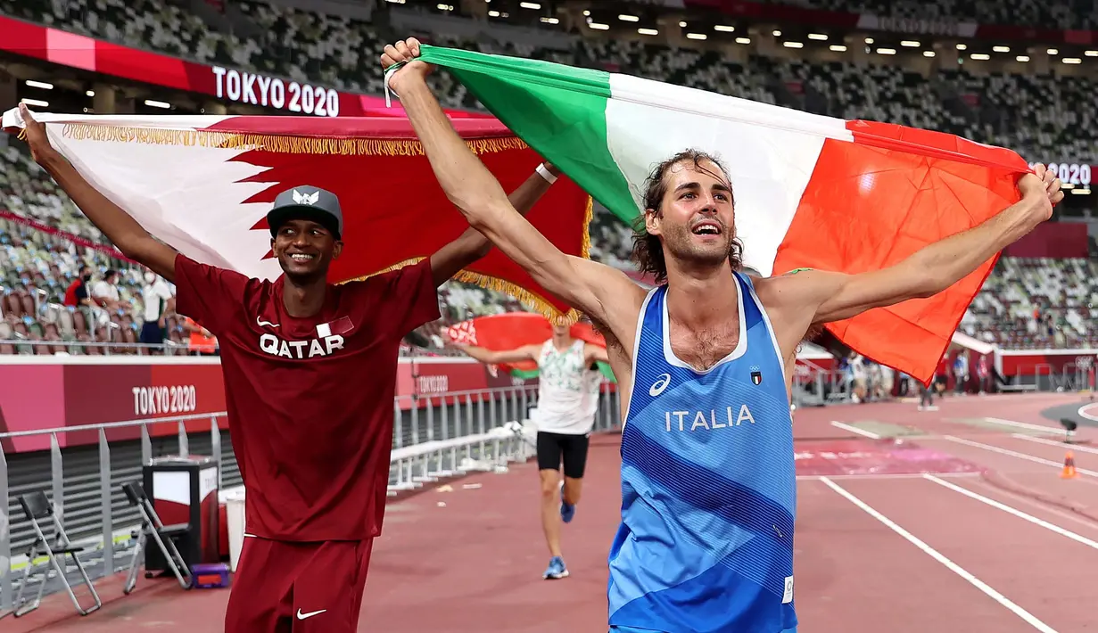 Barshim dan Tamberi merupakan rival di atas arena pertandingan, namun sahabat di luar stadion. Barshim mengatakan meraih medali emas secara bersamaan dengan Tamberi adalah sebuah impian. (Foto: AFP/Pool/Christian Petersen)