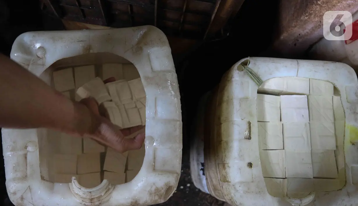 Pengrajin memasukan tahu di pabrik kawasan Duren Tiga, Jakarta Selatan, Rabu (7/12/2022). Imbas dari kenaikan harga kedelai, pengrajin tahu di Duren Tiga ingin menaikkan harga dari Rp6 ribu per 10 potong tahu, menjadi Rp8 ribu per 10 potong tahu atau naik 33,33 persen. (Liputan6.com/Herman Zakharia)