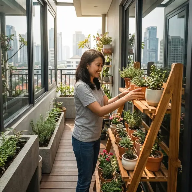 Teras dengan Pot Kecil Memakai Rak Kayu Susun (Gemini AI)