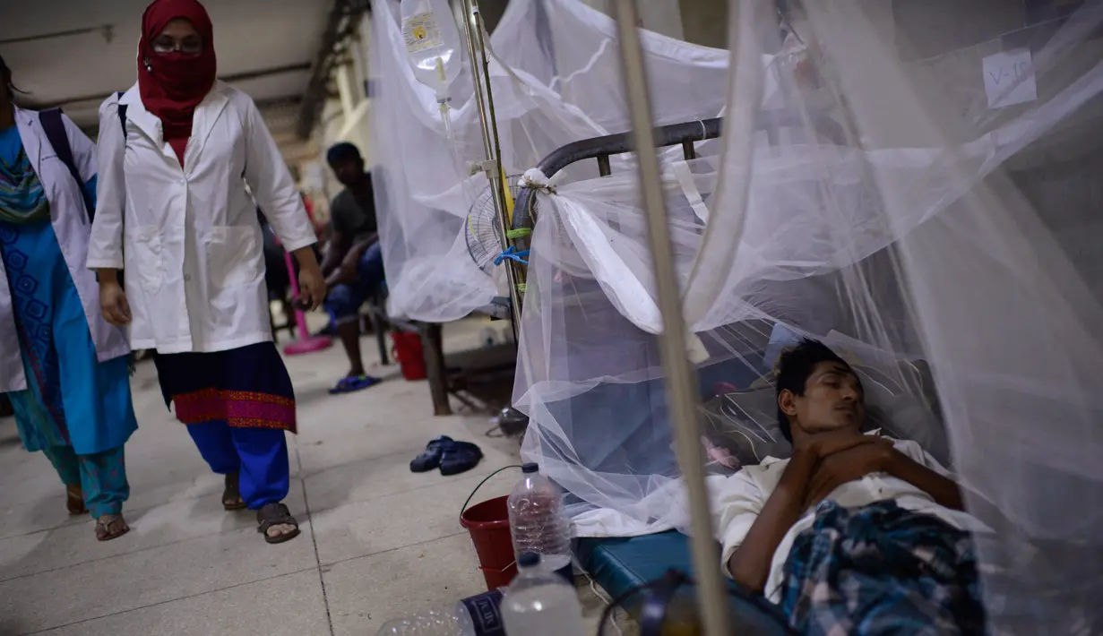 Petugas medis melewati pasien yang menjalani perawatan karena menderita demam berdarah di Rumah Sakit Shishu Dhaka, Bangladesh, Rabu (31/7/2019). Infeksi virus yang ditularkan melalui gigitan nyamuk Aedes aegypti telah menyebar di 61 dari 64 distrik di negara itu. (AP Photo/Mahmud Hossain Opu)
