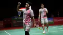 Pebulutangkis ganda putra Indonesia, Leo Rolly Carnando/Daniel Marthin bertanding melawan pebulutangkis ganda putra Jepang, Takuro Hoki/Yugo Kobayashi pada laga semifinal Indonesia Masters 2023 di Istora Senayan, Jakarta, Sabtu (28/01/2023). Leo/Daniel menang dengan skor 18-21, 21-17, 21-3. (Bola.com/Bagaskara Lazuardi)