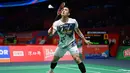 Usai pertandingan, Jonatan Christie mengakui minimnya referensi pertandingan terhadap lawannya kali ini membuatnya harus cepat beradaptasi di lapangan. Tampak dalam foto, tunggal putra Indonesia, Jonatan Christie memukul bola balasan ke arah Yudai Okimoto (Jepang) selama pertandingan babak 16 besar Badminton Asia Championships (BAC) 2026 di Ningbo Olympic Sports Centre, provinsi Zhejiang, Tiongkok timur, Kamis (9/4/2026). (CN-STR/AFP) / China OUT